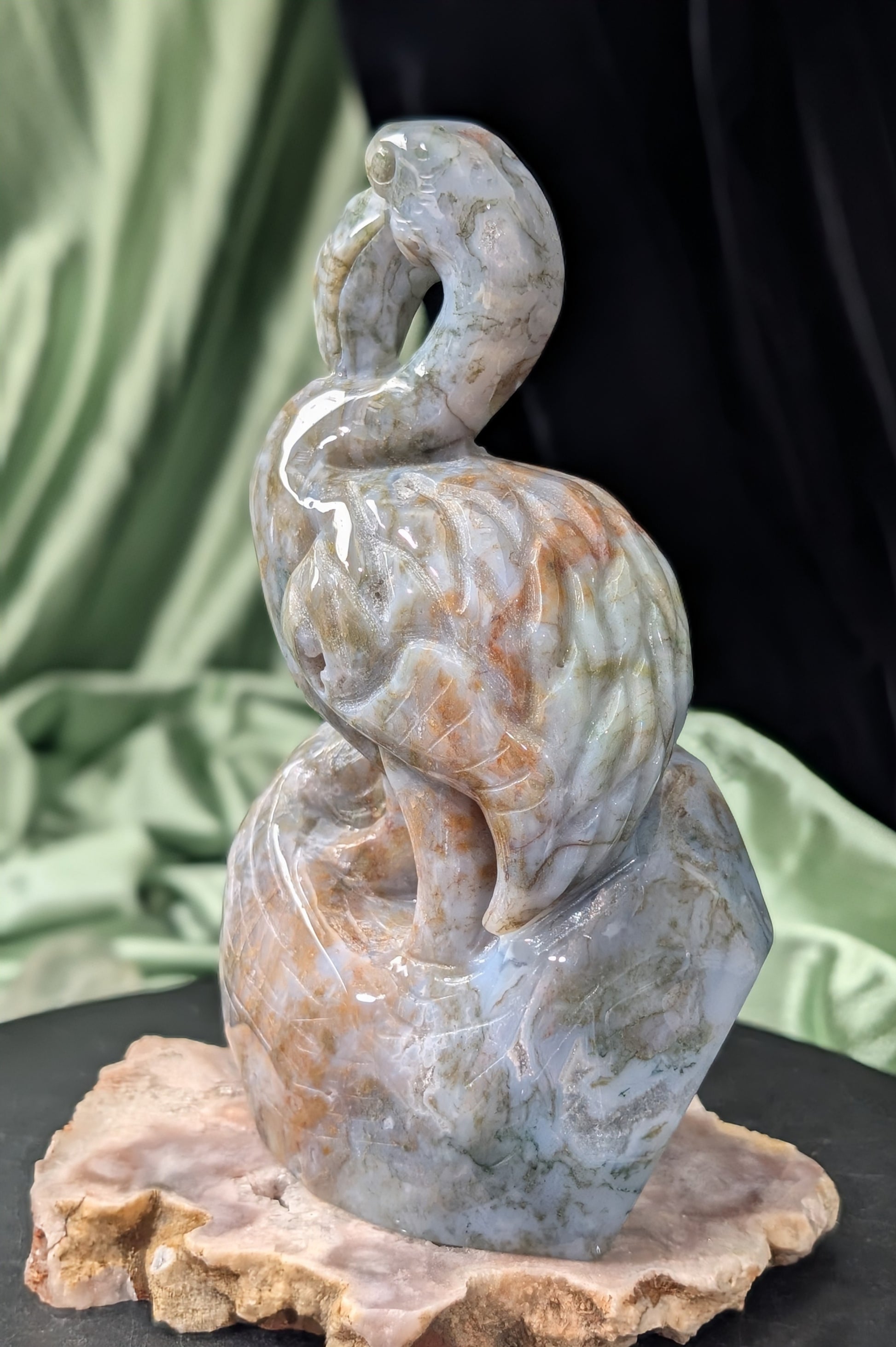 Moss Agate Flamingo Figurine