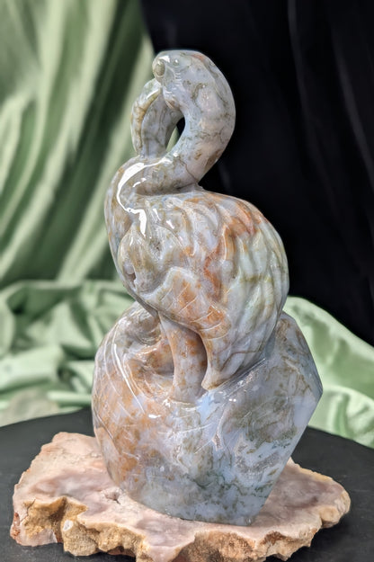 Moss Agate Flamingo Figurine