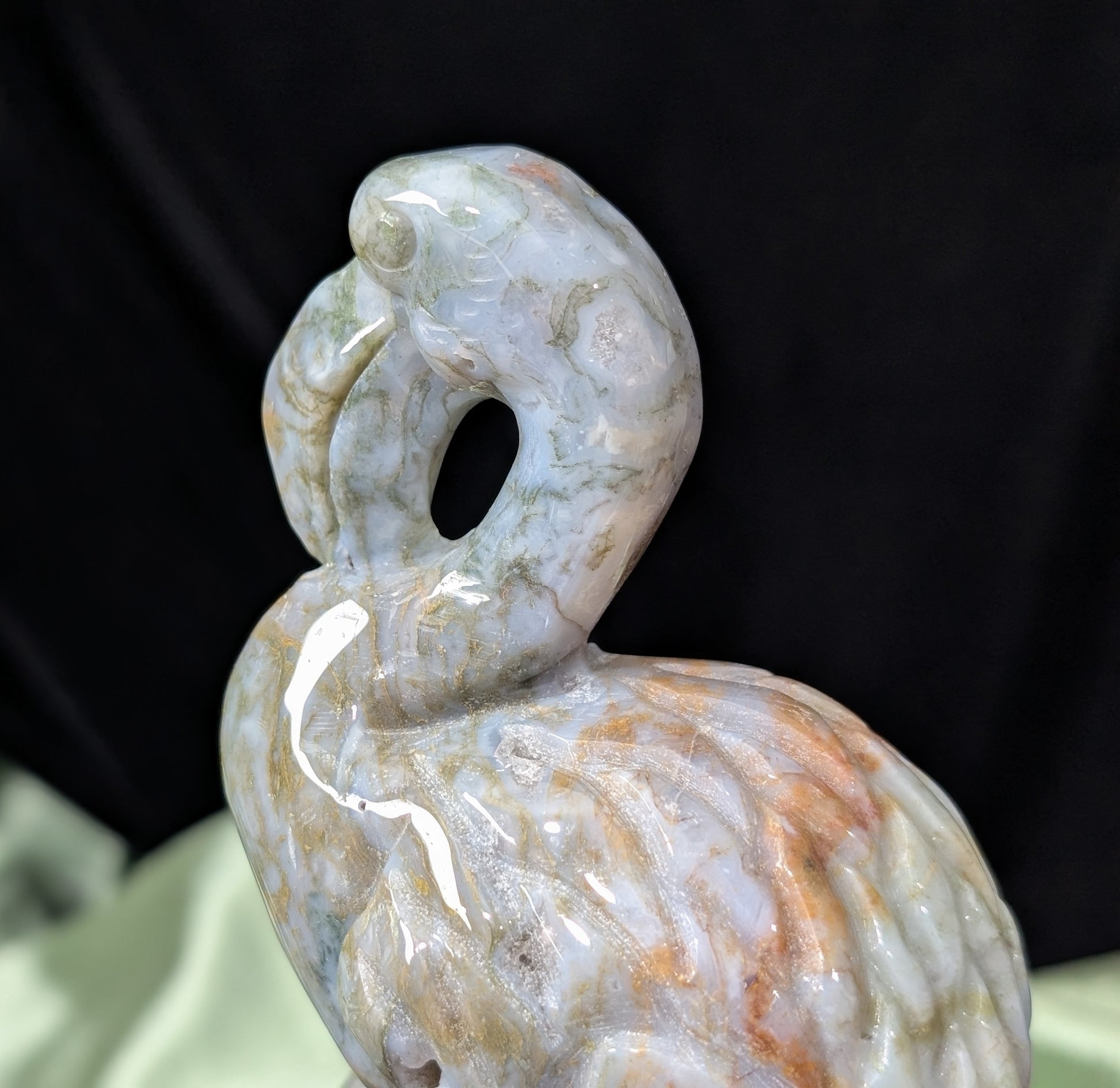 Moss Agate Flamingo Figurine