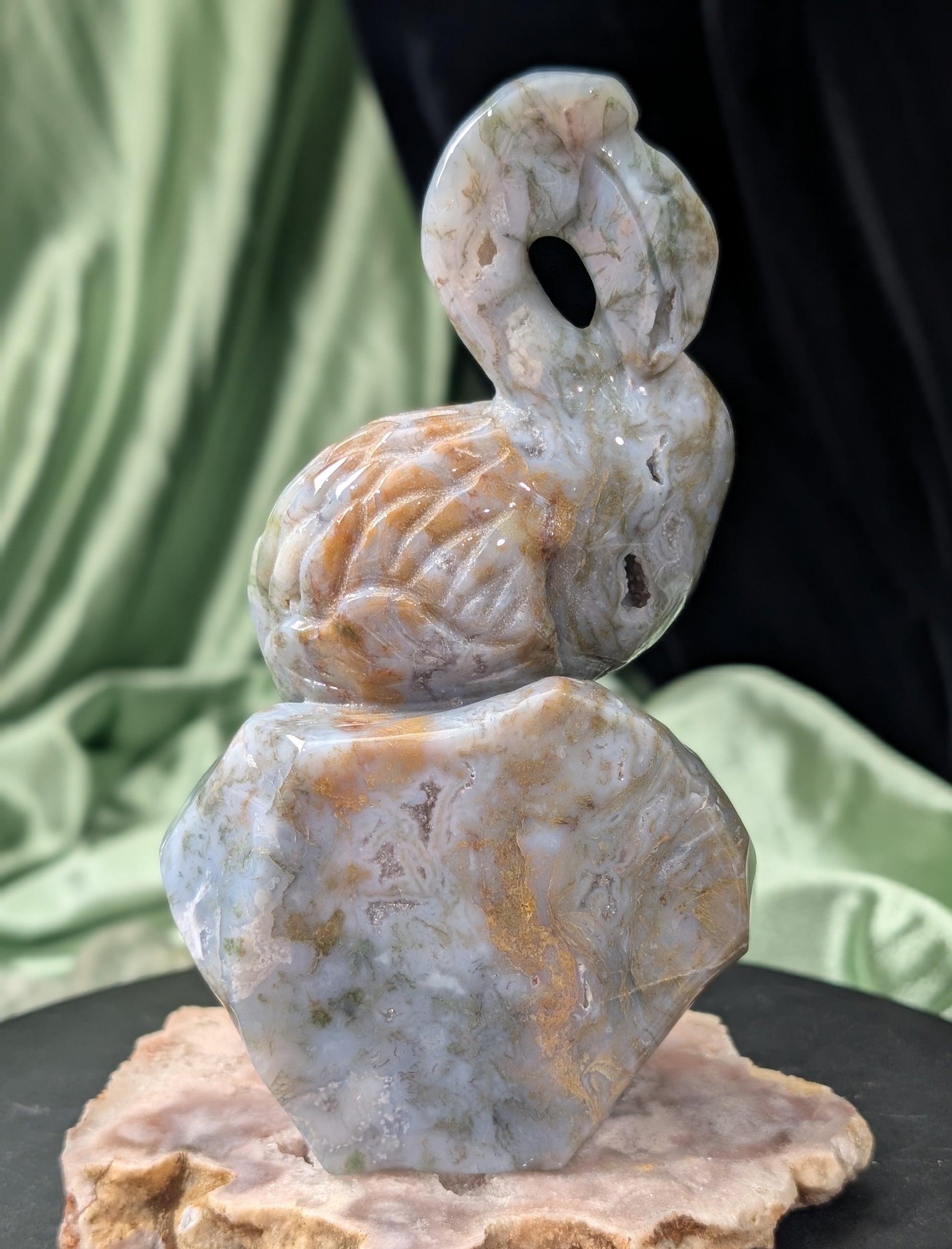 Moss Agate Flamingo Figurine