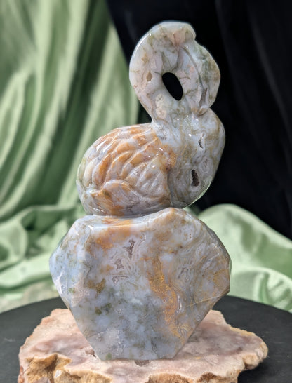 Moss Agate Flamingo Figurine