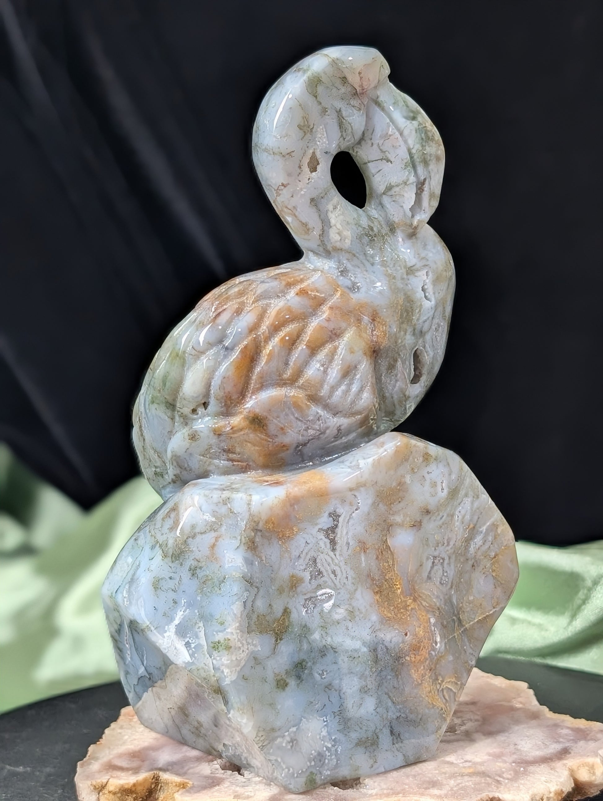 Moss Agate Flamingo Figurine