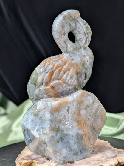 Moss Agate Flamingo Figurine