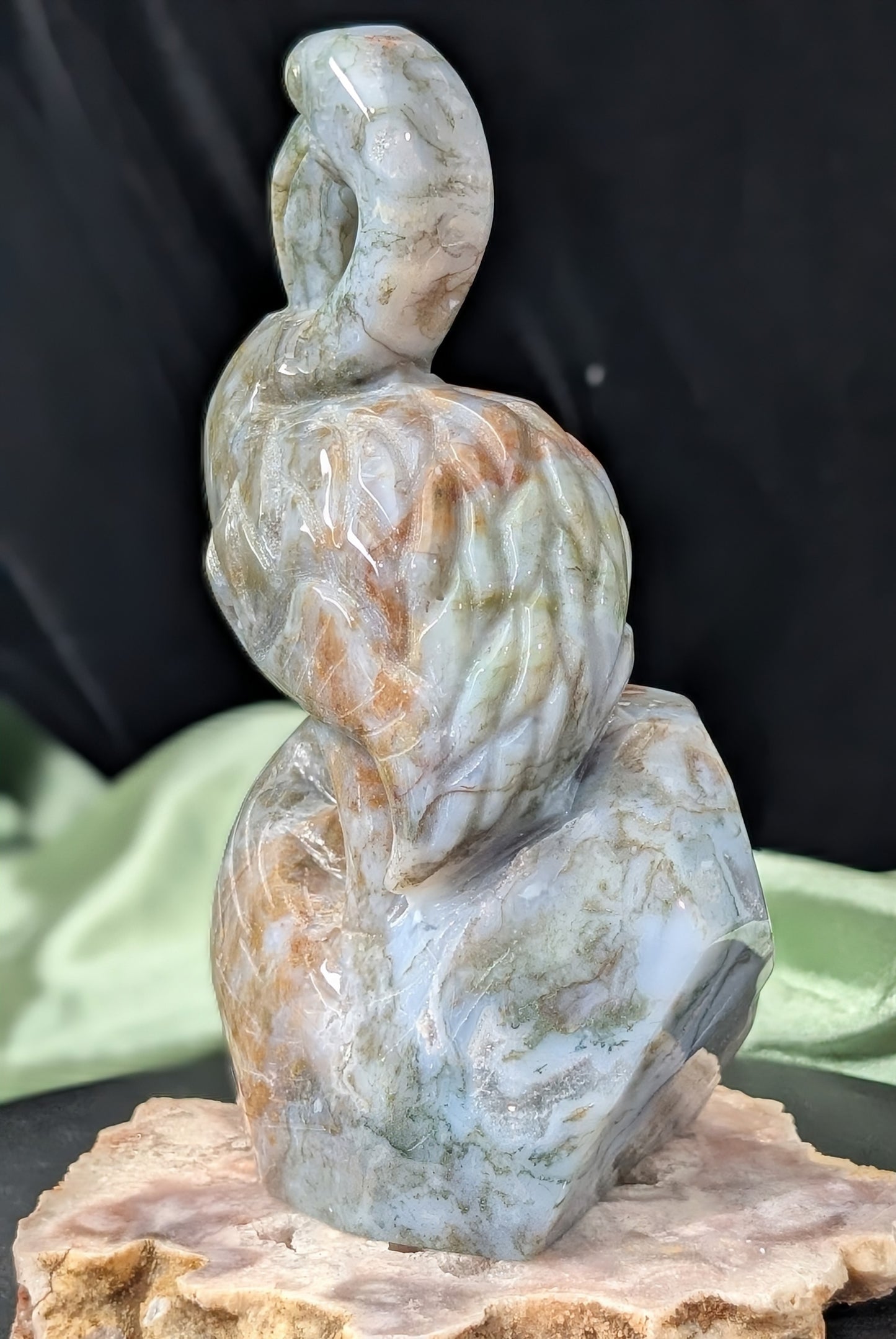 Moss Agate Flamingo Figurine