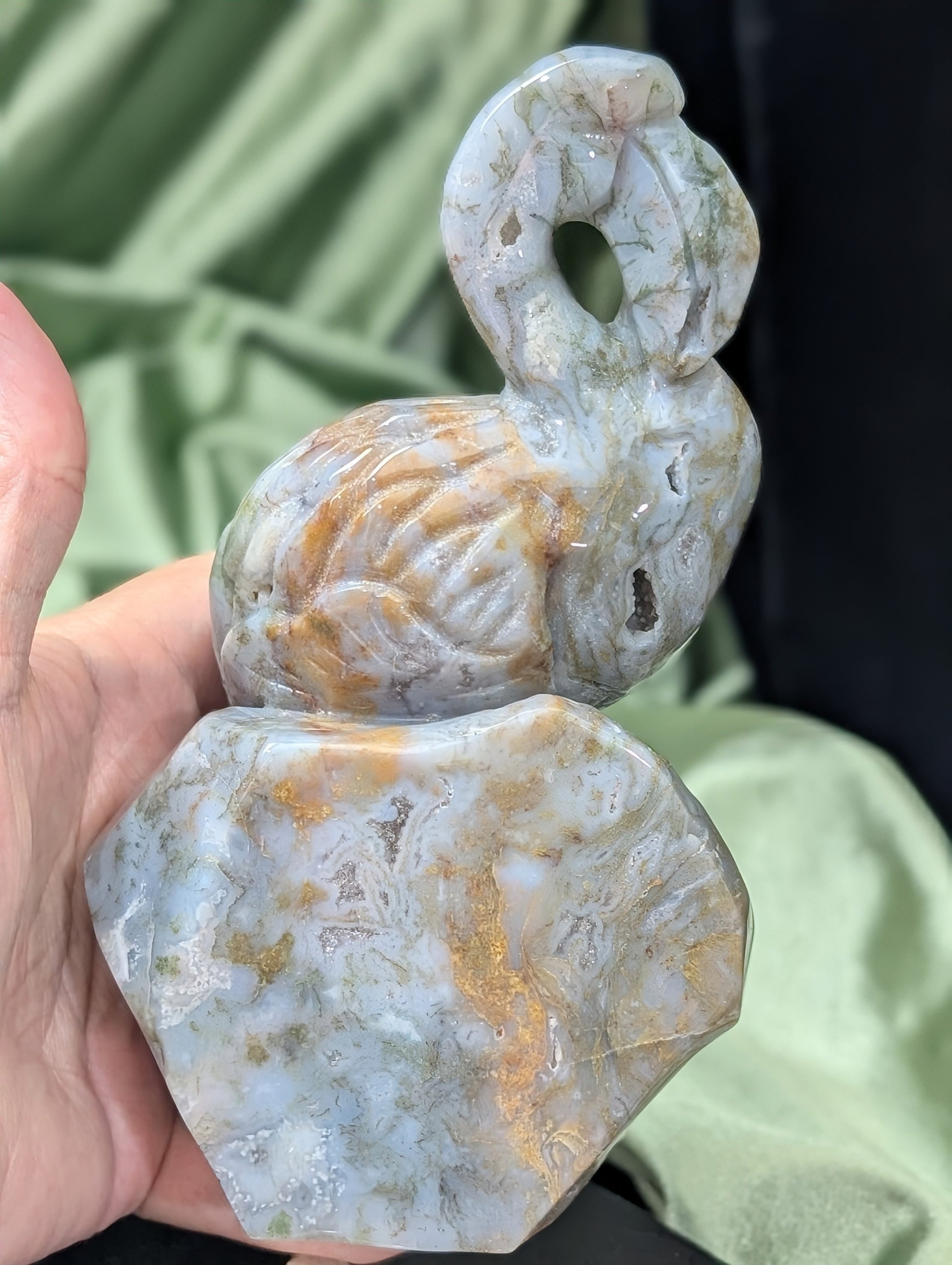 Moss Agate Flamingo Figurine