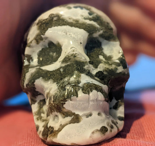Hand Carved Moss Agate Skull