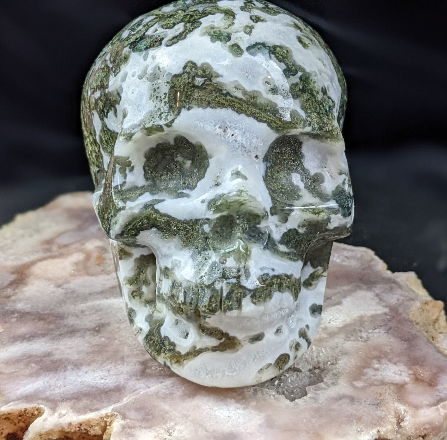 Hand Carved Moss Agate Skull