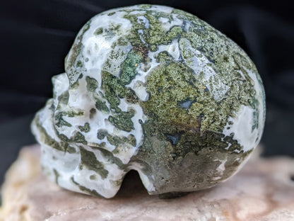 Hand Carved Moss Agate Skull - Left Side
