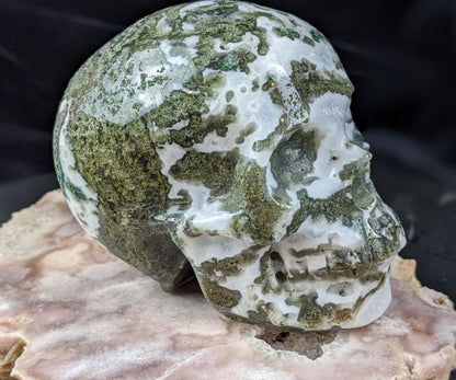 Hand Carved Moss Agate Skull - Right Side