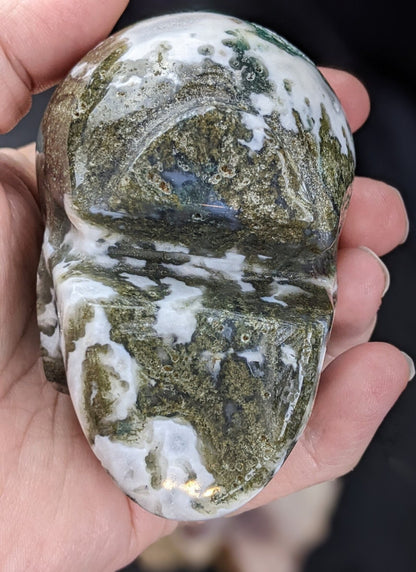 Hand Carved Moss Agate Skull - Underside