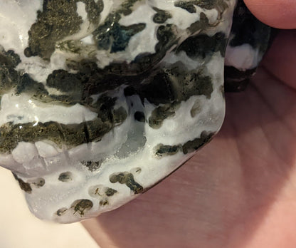 Hand Carved Moss Agate Skull - Druzy Jaw