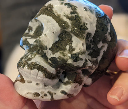 Hand Carved Moss Agate Skull