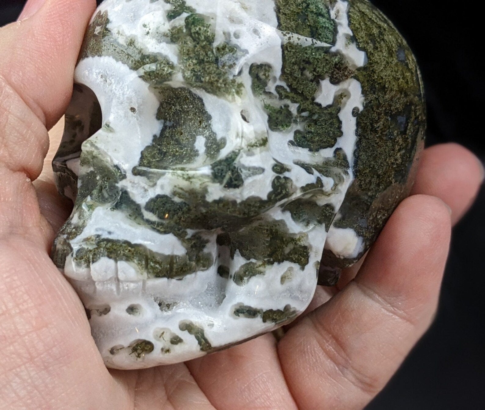 Hand Carved Moss Agate Skull