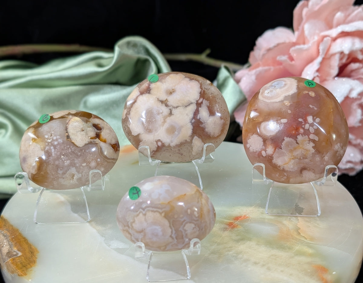 Natural Hand Carved Pink Flower Agate Palm Stones