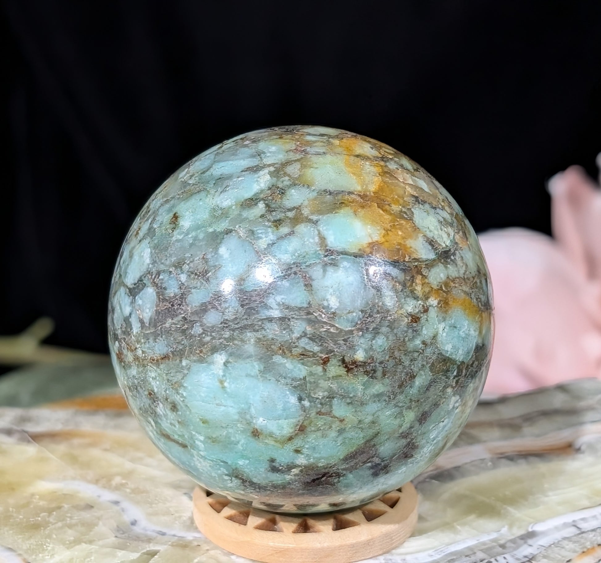 Natural Turquoise in Quartz with Golden Healer Sphere