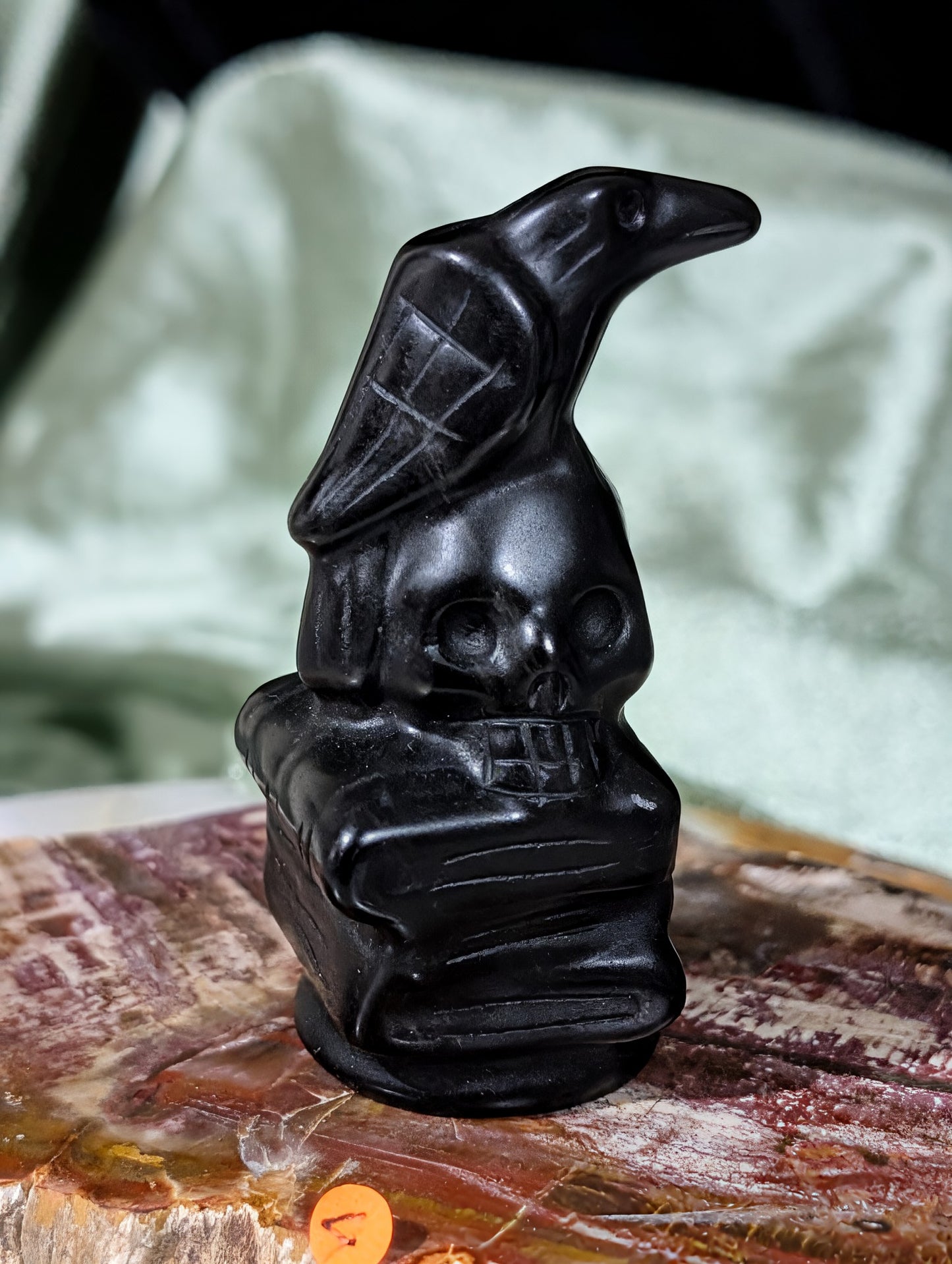 Obsidian Raven on Skull on Books Figurine