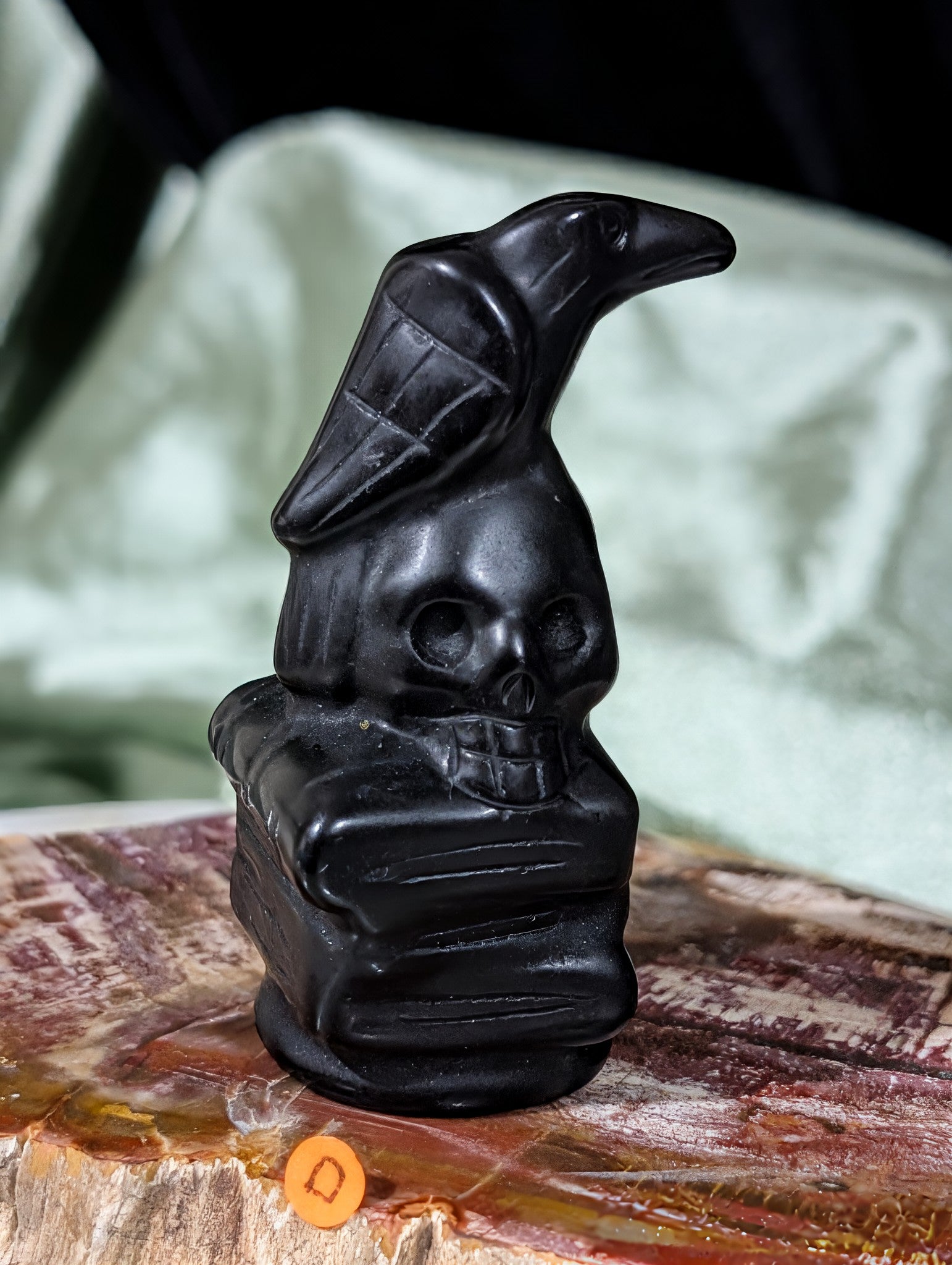 Obsidian Raven on Skull on Books Figurine