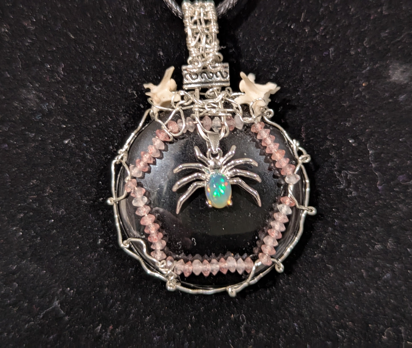 Opal Spider on Obsidian Mirror Pendant
