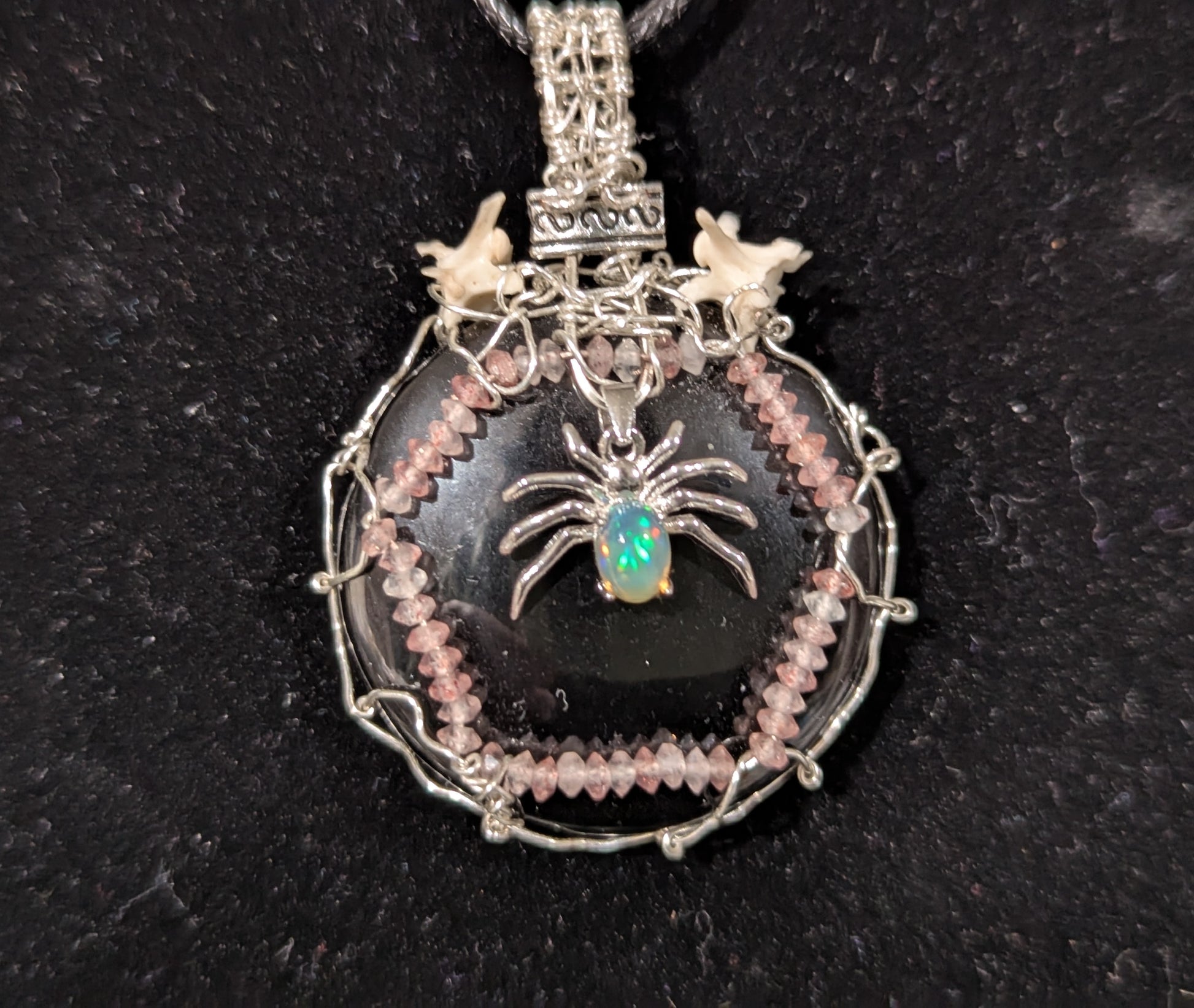 Opal Spider on Obsidian Mirror Pendant