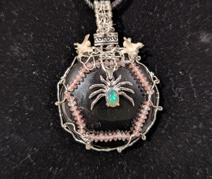 Opal Spider on Obsidian Mirror Pendant