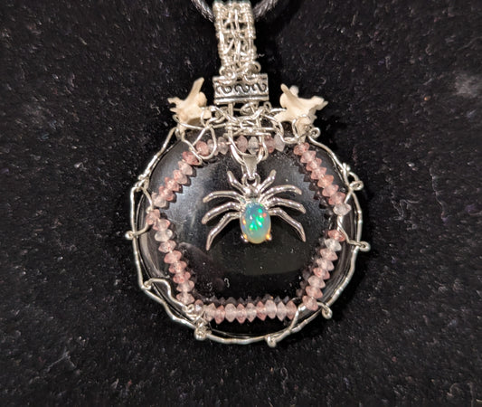 Opal Spider on Obsidian Mirror Pendant