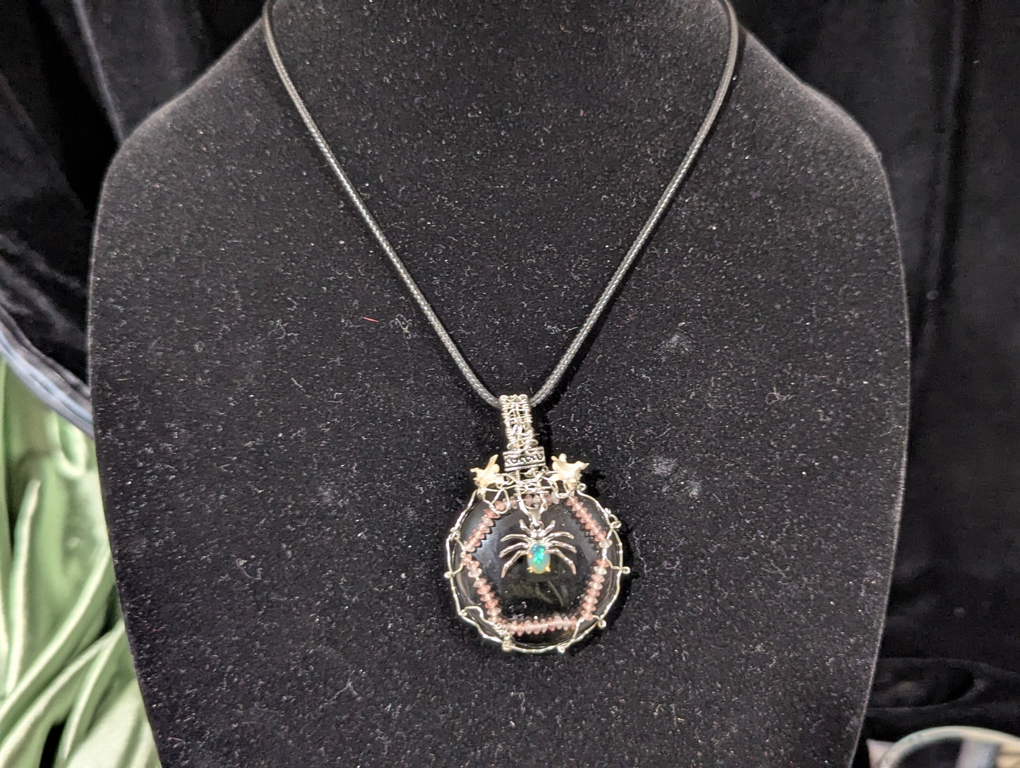 Opal Spider on Obsidian Mirror Pendant