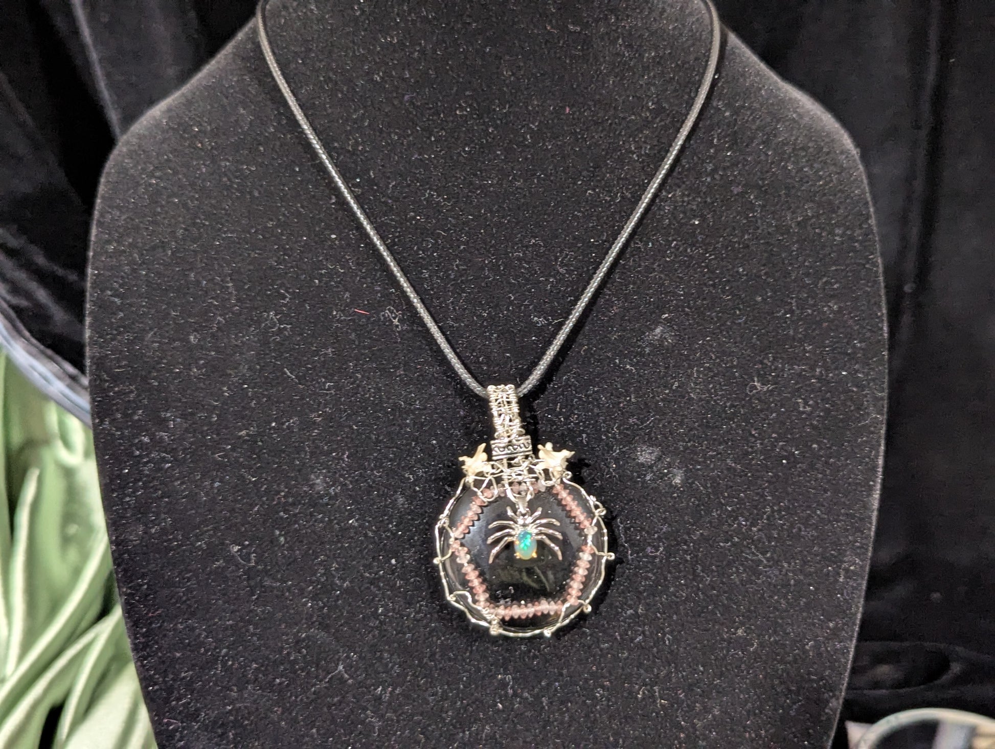 Opal Spider on Obsidian Mirror Pendant