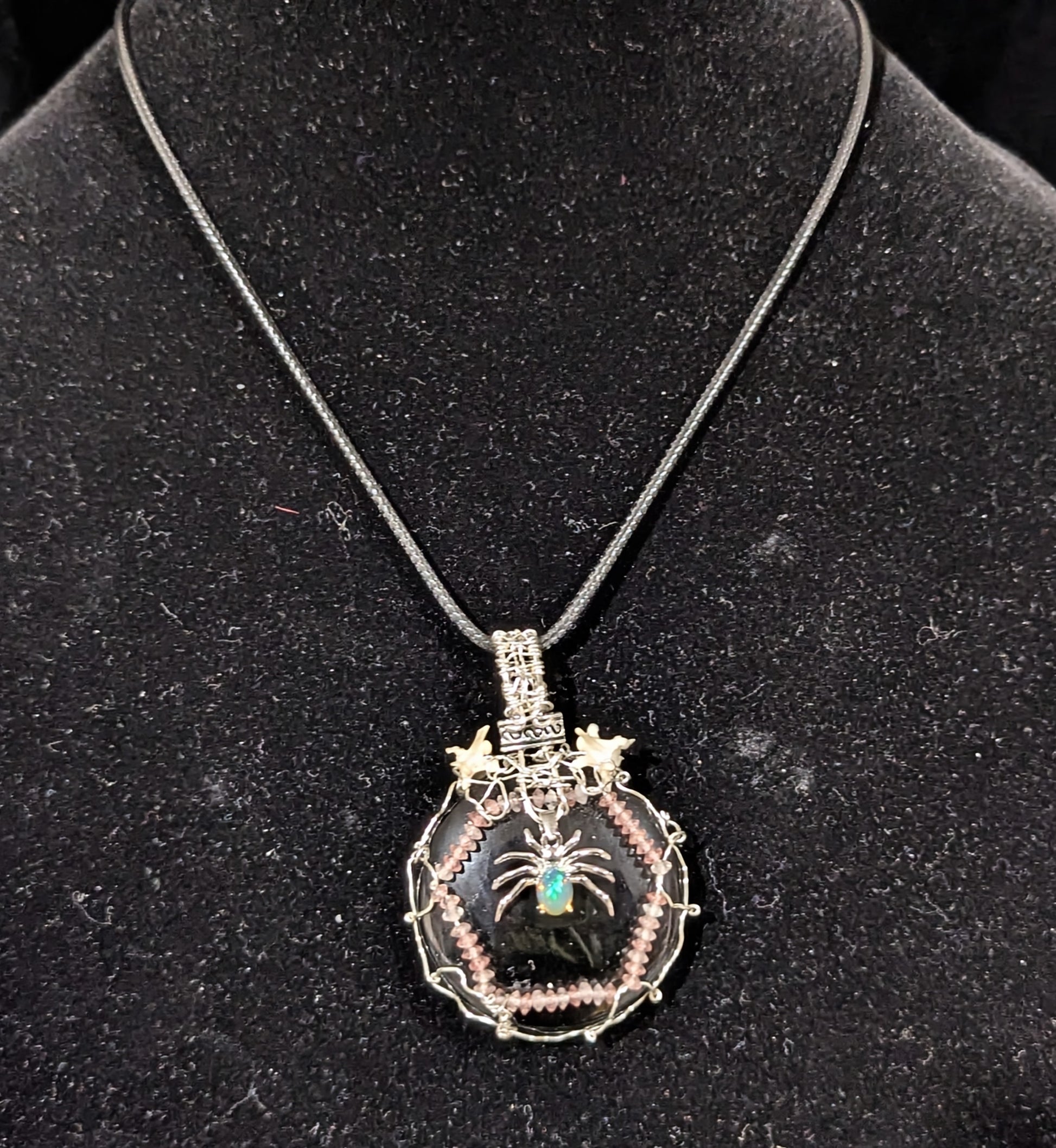 Opal Spider on Obsidian Mirror Pendant