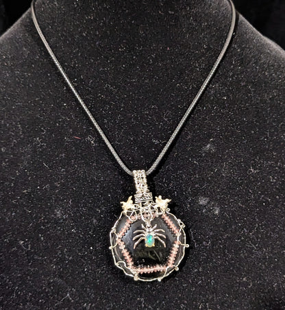 Opal Spider on Obsidian Mirror Pendant