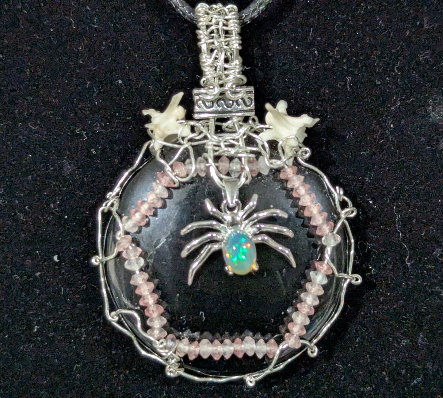 Opal Spider on Obsidian Mirror Pendant