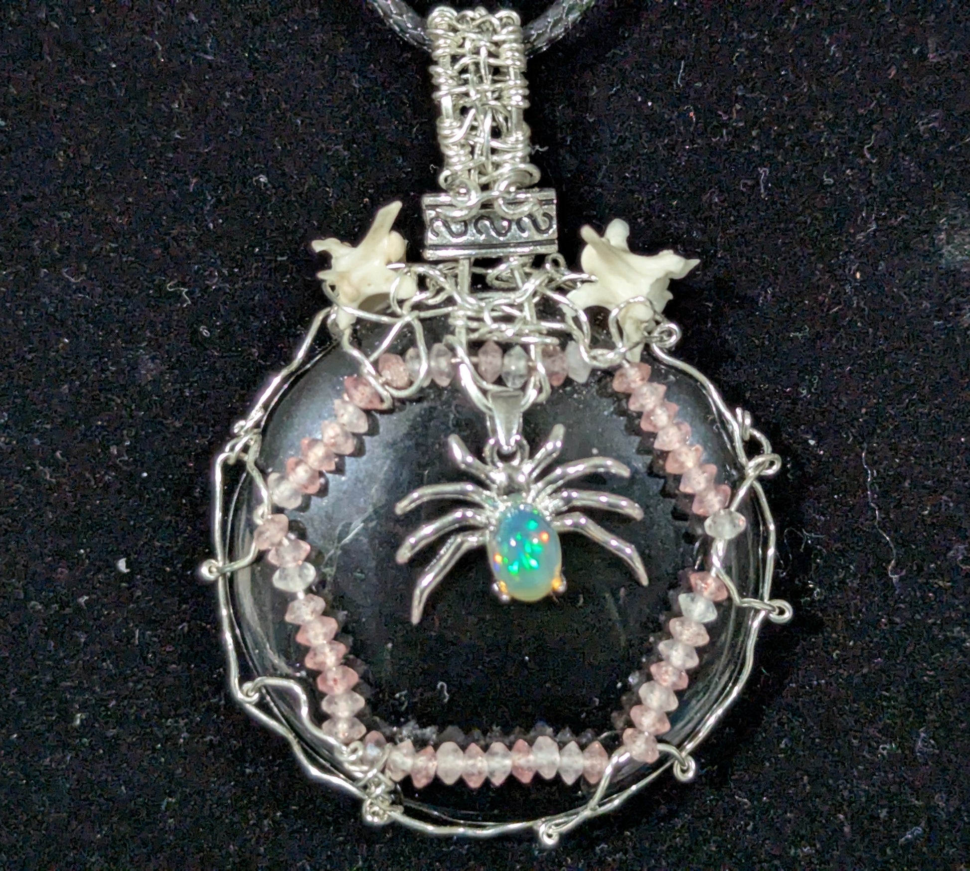 Opal Spider on Obsidian Mirror Pendant