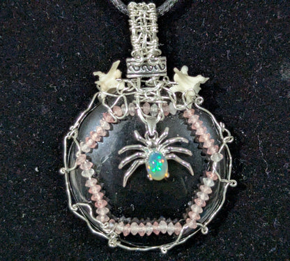 Opal Spider on Obsidian Mirror Pendant