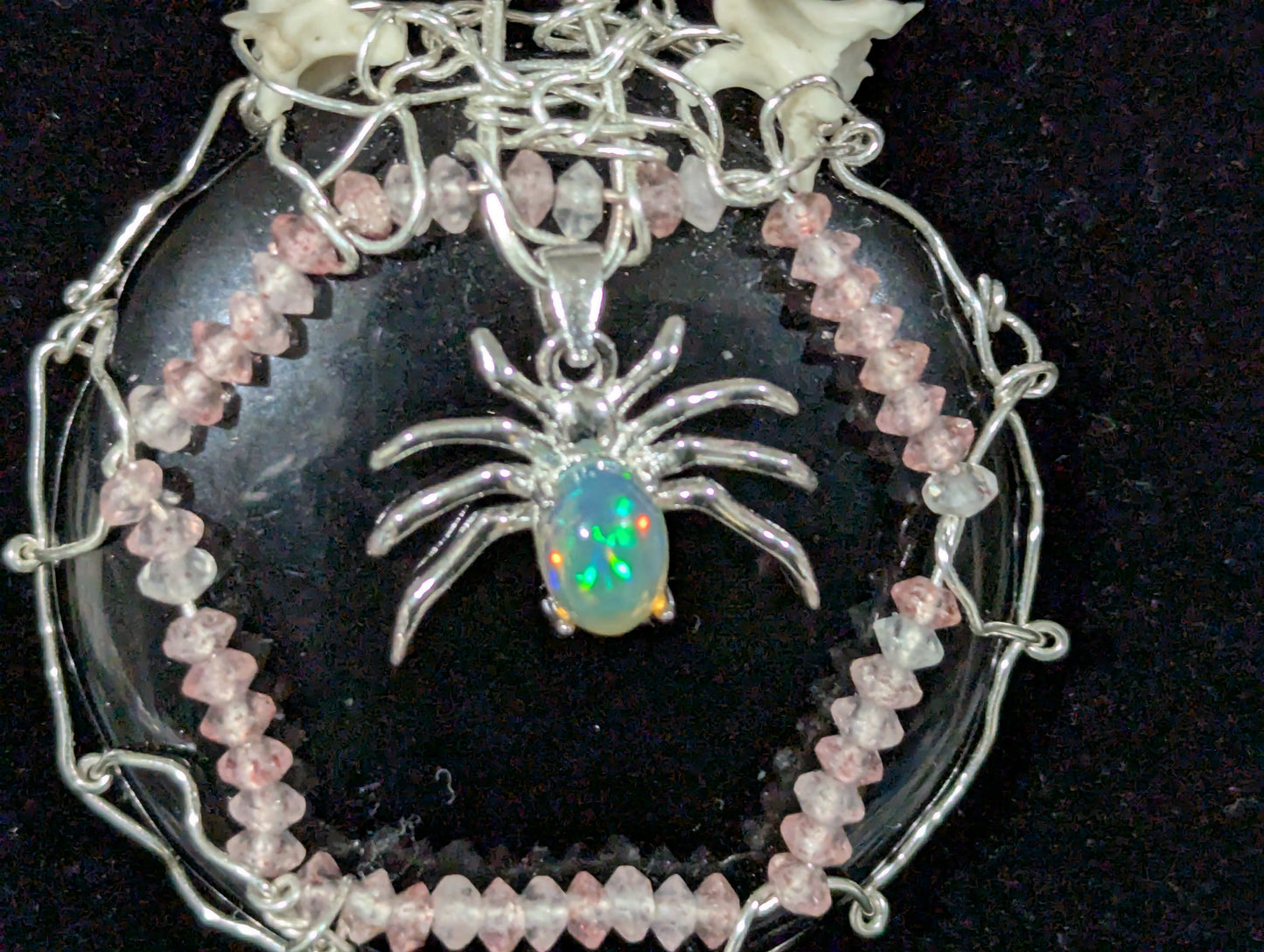 Opal Spider on Obsidian Mirror Pendant