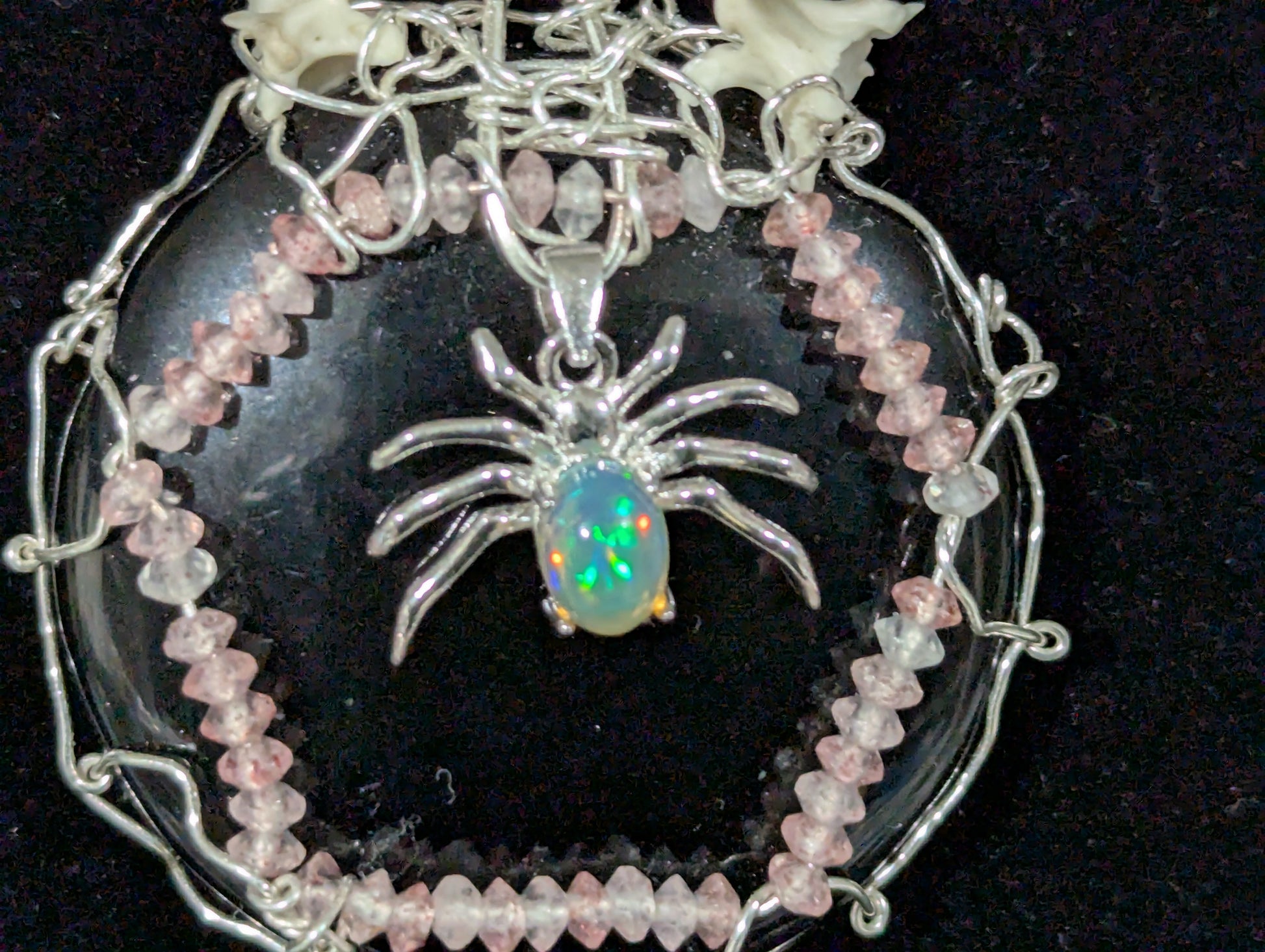Opal Spider on Obsidian Mirror Pendant