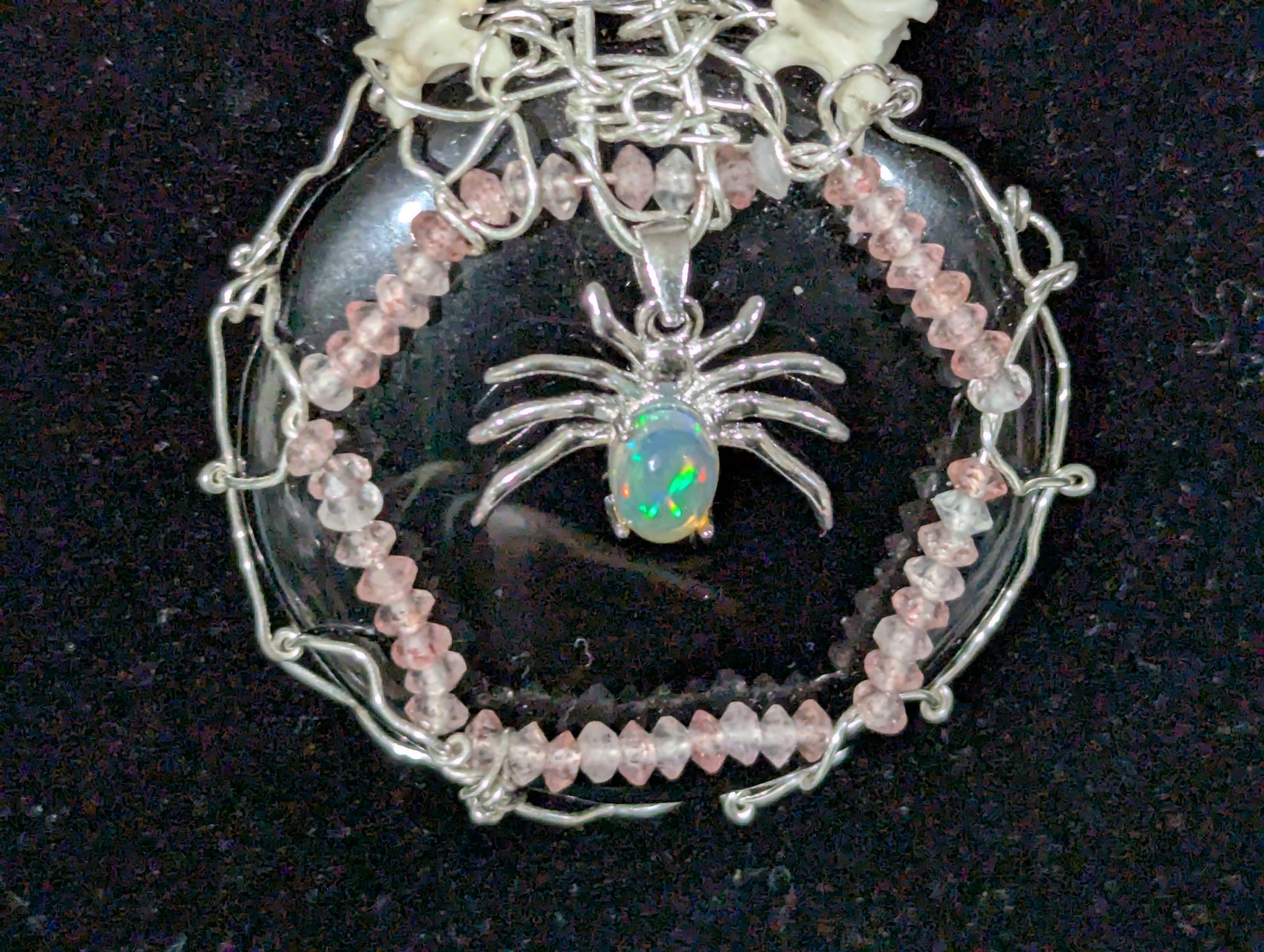 Opal Spider on Obsidian Mirror Pendant