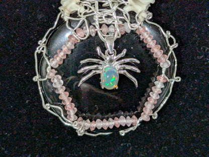 Opal Spider on Obsidian Mirror Pendant