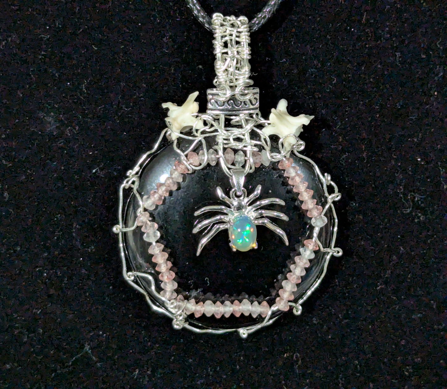 Opal Spider on Obsidian Mirror Pendant