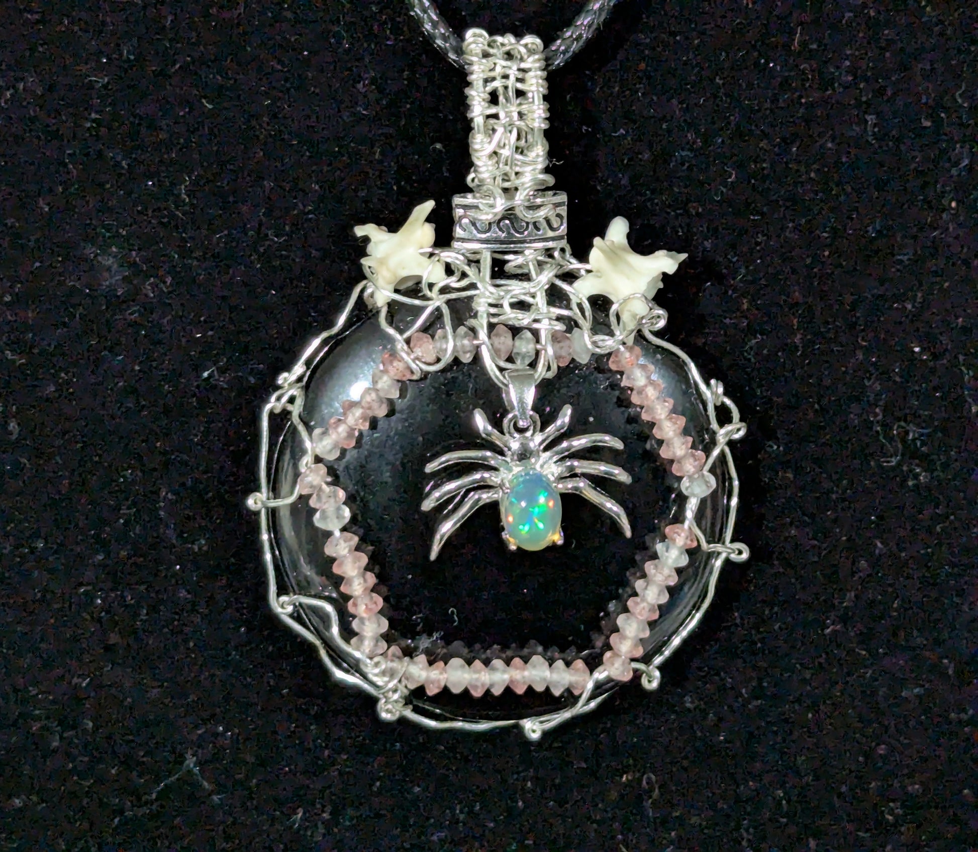 Opal Spider on Obsidian Mirror Pendant