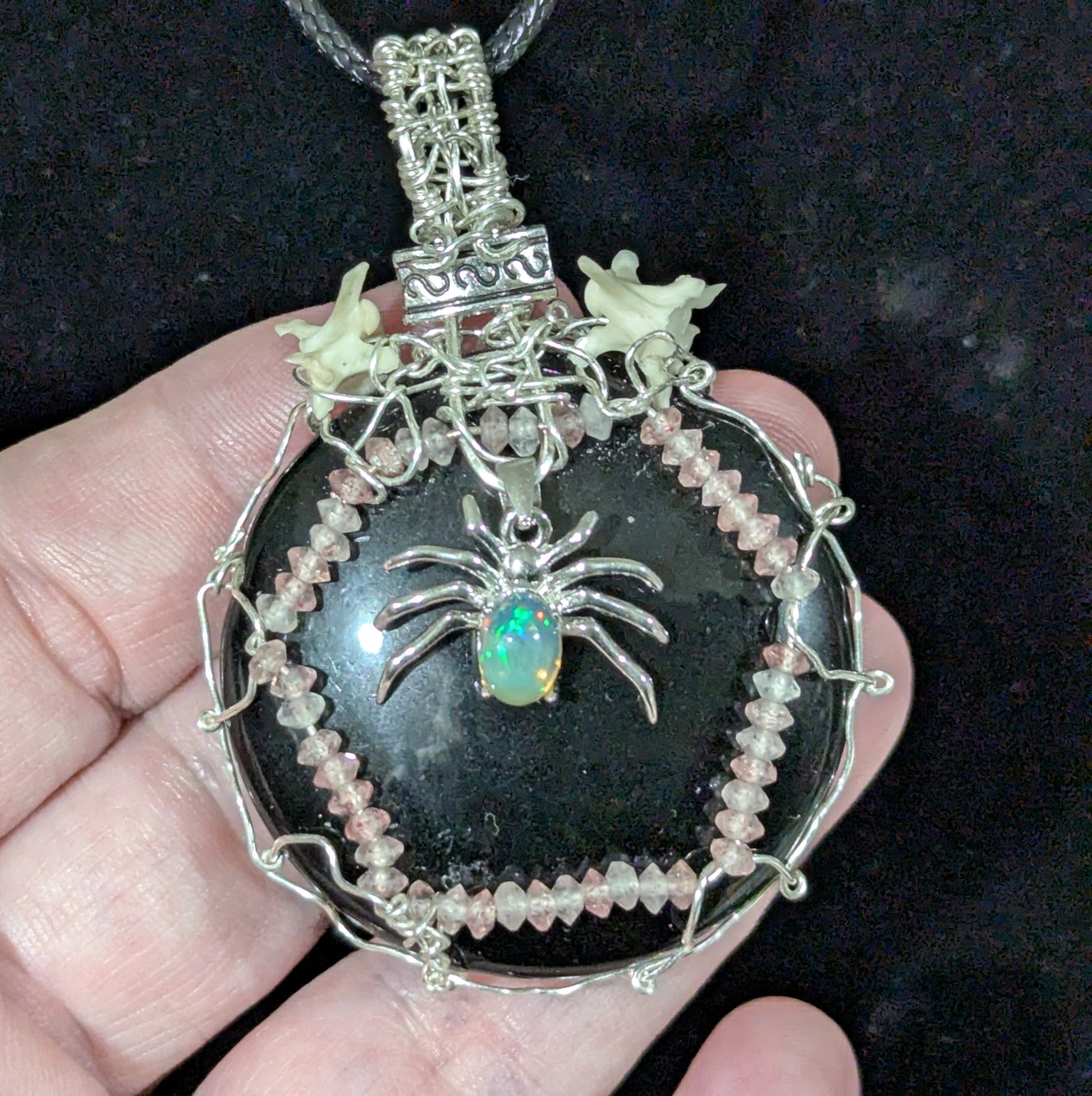 Opal Spider on Obsidian Mirror Pendant
