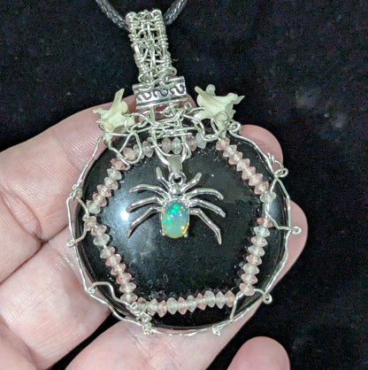 Opal Spider on Obsidian Mirror Pendant