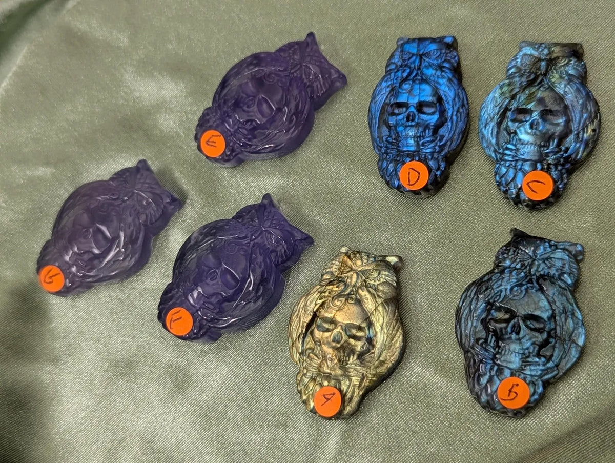 Crystal Owl Holding Skull Carvings