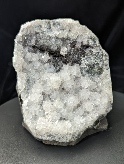 Black Amethyst Geode Cut Base Covered In Quartz Crystal Clusters