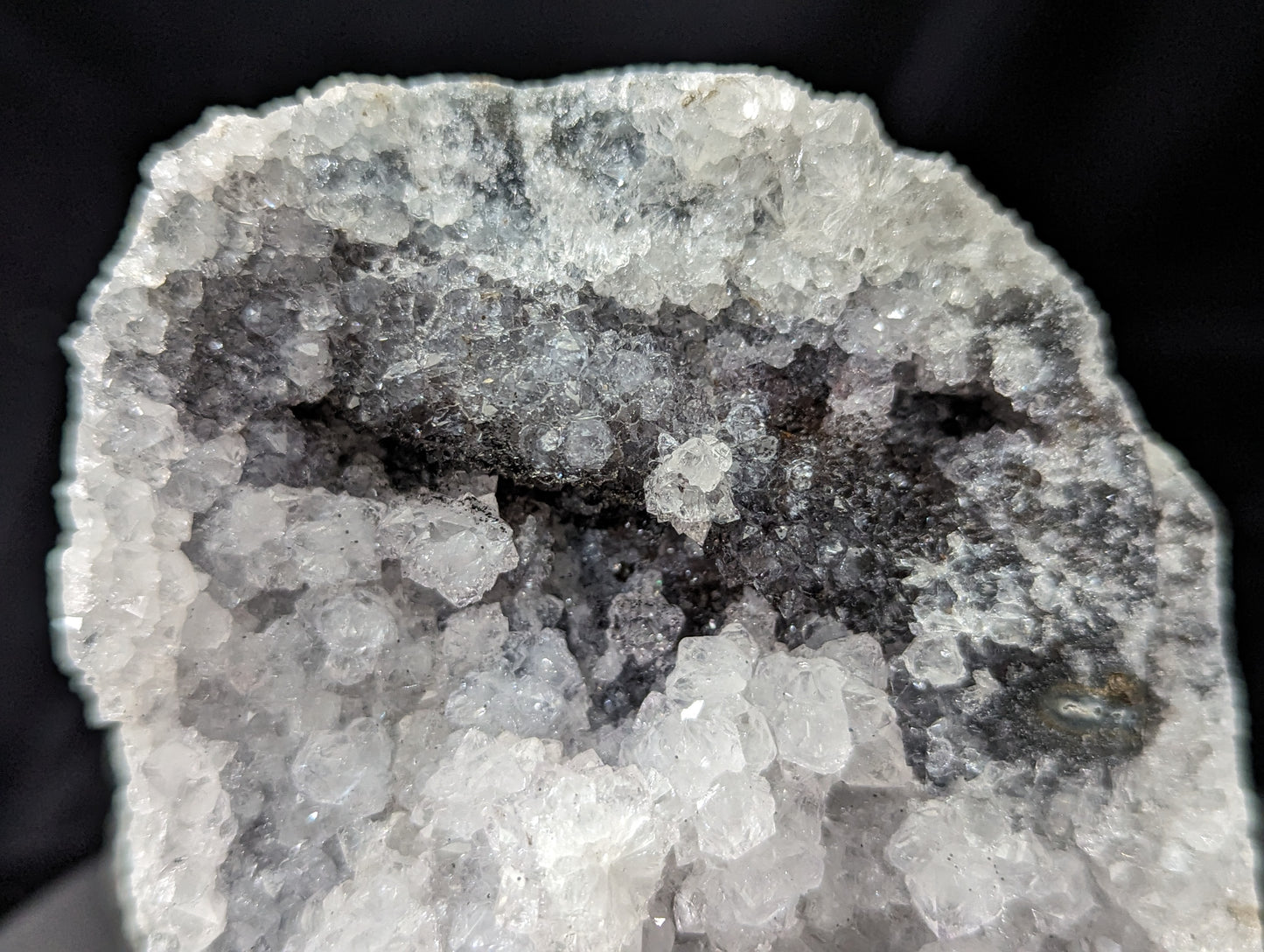 Black Amethyst Geode Cut Base Covered In Quartz Crystal Clusters