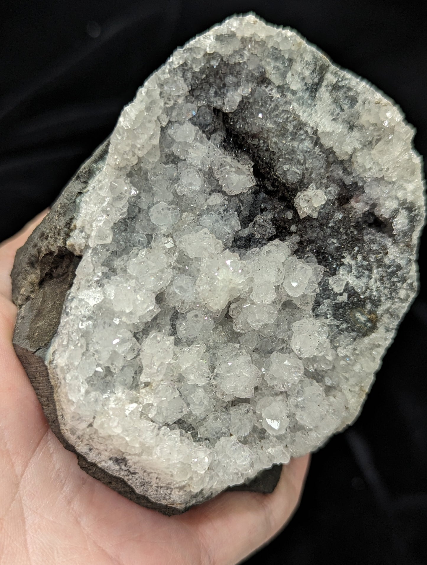 Black Amethyst Geode Cut Base Covered In Quartz Crystal Clusters