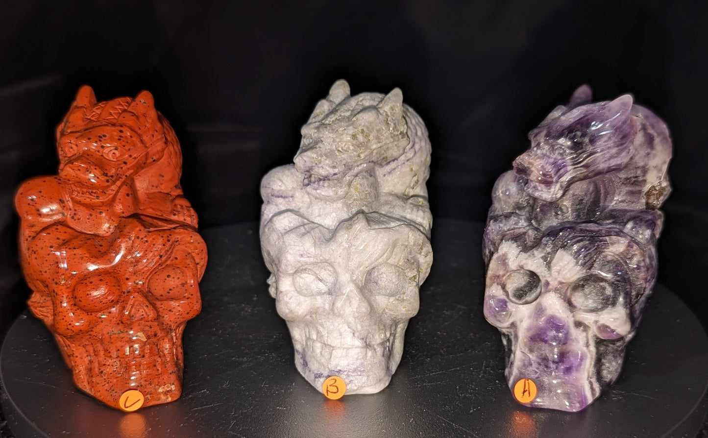 Dragon On Skull Carvings ~ Dream Amethyst ~ Red Jasper ~ Purple Howlite