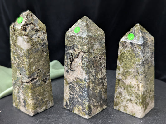 Epidote with Quartz Towers ~ Hand Carved Natural Epidote Towers Quartz Matrix