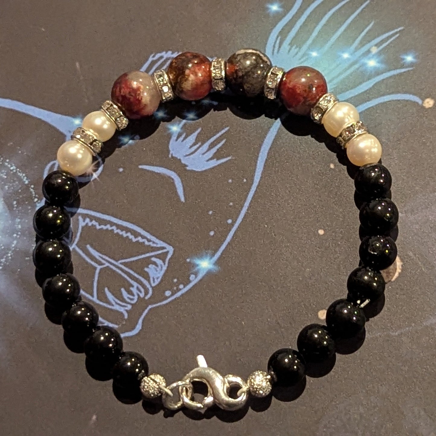 Thulite Bracelet with Black Tourmaline and Pearls