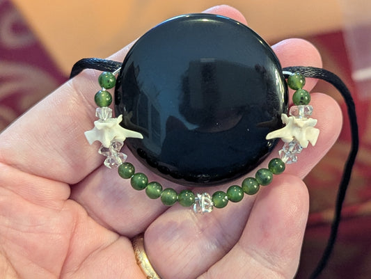 Beaded Obsidian Mirror Pendant with Nephrite Jade and Herkimer Diamonds