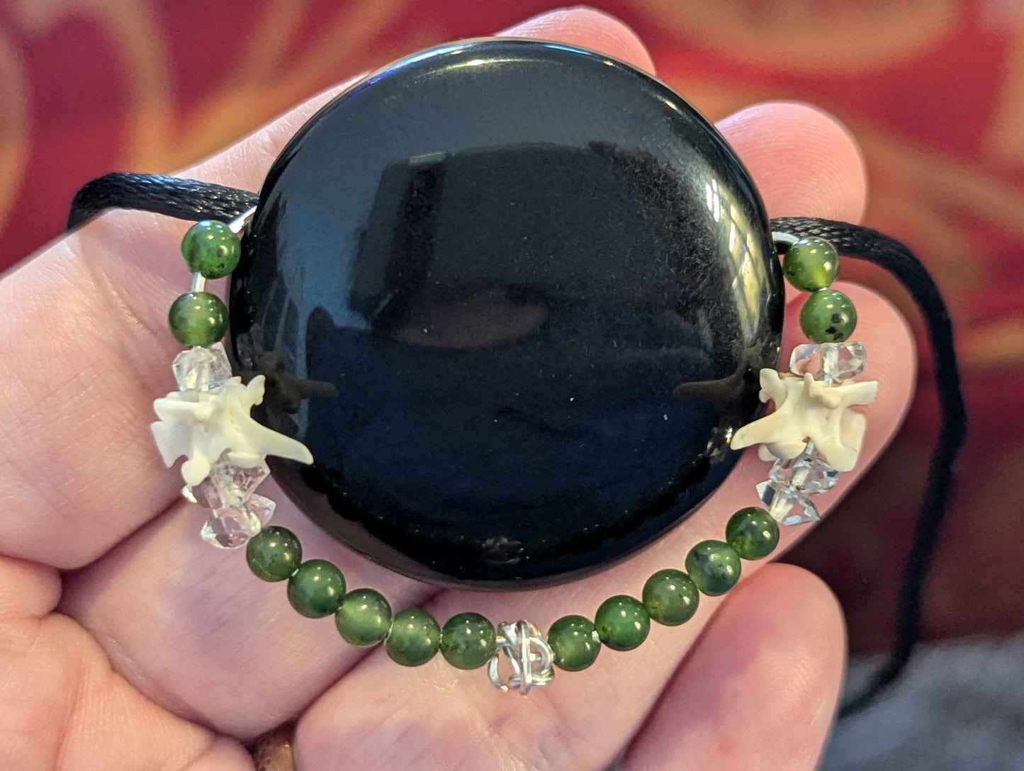 Beaded Obsidian Mirror Pendant with Nephrite Jade and Herkimer Diamonds