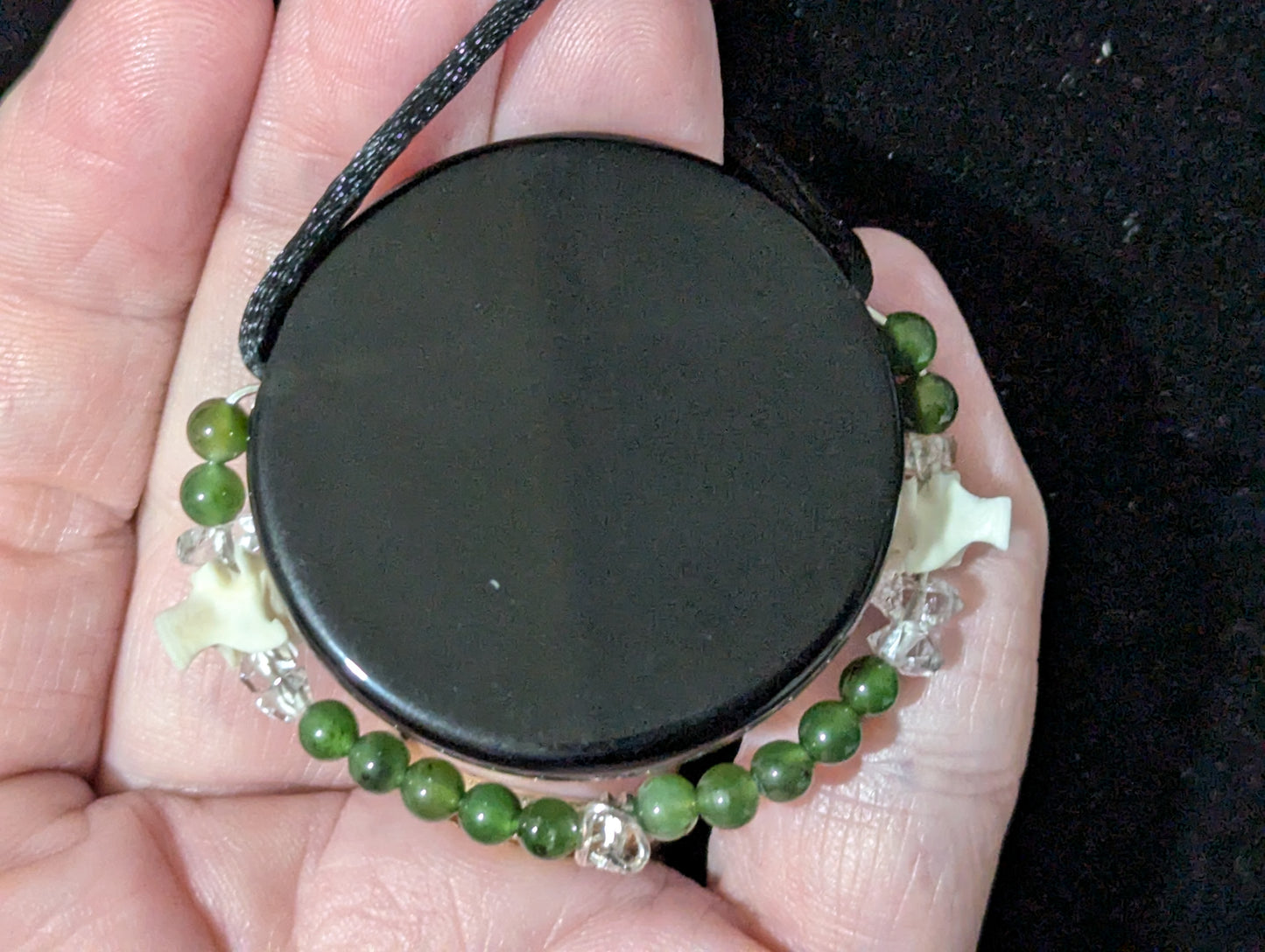 Beaded Obsidian Mirror Pendant with Nephrite Jade and Herkimer Diamonds